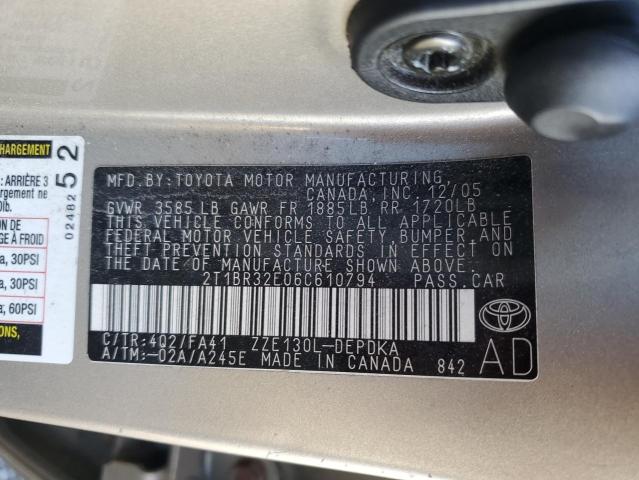 2T1BR32E06C610794 - 2006 TOYOTA COROLLA CE BEIGE photo 12