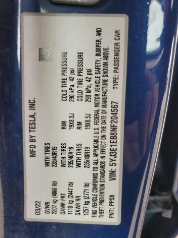 5YJ3E1EB8NF204567 - 2022 TESLA MODEL 3 Կապույտ լուսանկար 12