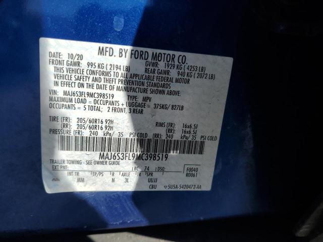 MAJ6S3FL9MC398519 - 2021 FORD ECOSPORT S BLUE photo 13