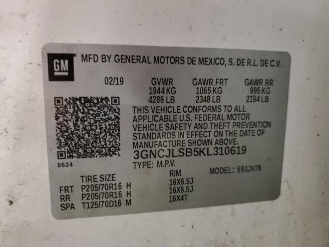 3GNCJLSB5KL310619 - 2019 CHEVROLET TRAX 1LT თეთრი ფოტო 13