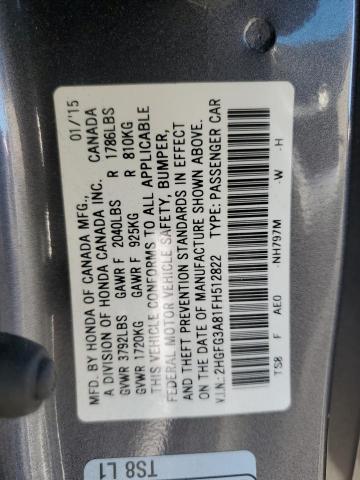 2HGFG3A81FH512822 - 2015 HONDA CIVIC EX GRAY photo 12