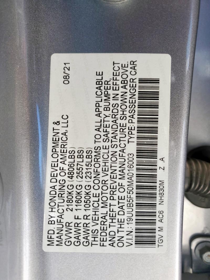 19UUB5F50MA016003 - 2021 ACURA TLX TECH A SILVER photo 12