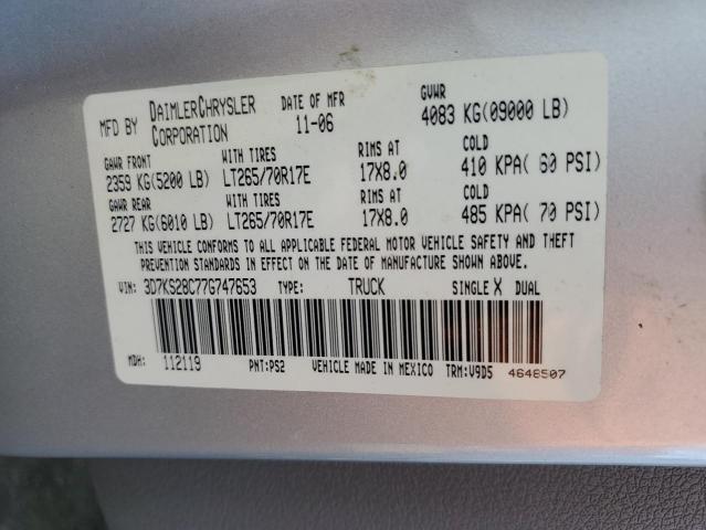 3D7KS28C77G747653 - 2007 DODGE RAM 2500 ST SILVER photo 12