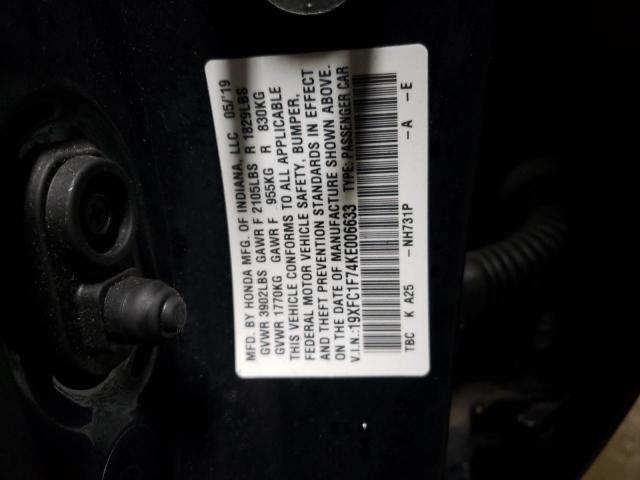 19XFC1F74KE006633 - 2019 HONDA CIVIC EXL BLACK photo 12