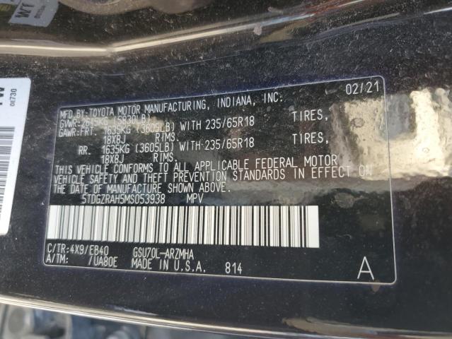 5TDGZRAH5MS053938 - 2021 TOYOTA HIGHLANDER XLE BLACK photo 12