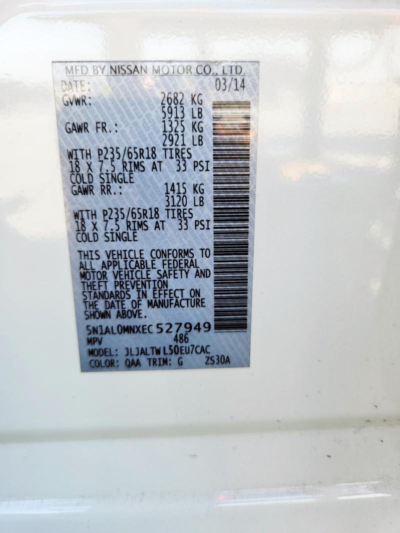 5N1AL0MNXEC527949 - 2014 INFINITI QX60 WHITE photo 12