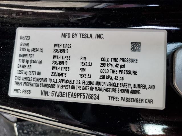 5YJ3E1EA9PF576834 - 2023 TESLA MODEL 3 BLACK photo 13