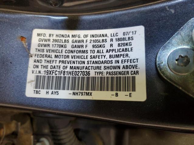 19XFC1F81HE027036 - 2017 HONDA CIVIC EX GRAY photo 12