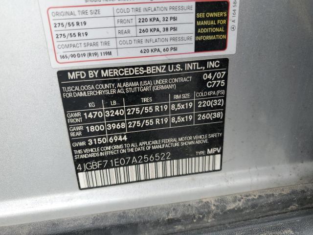 4JGBF71E07A256522 - 2007 MERCEDES-BENZ GL 450 4MATIC SILVER photo 14