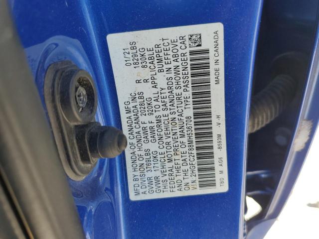 2HGFC2F88MH536708 - 2021 HONDA CIVIC SPORT ლურჯი ფოტო 12