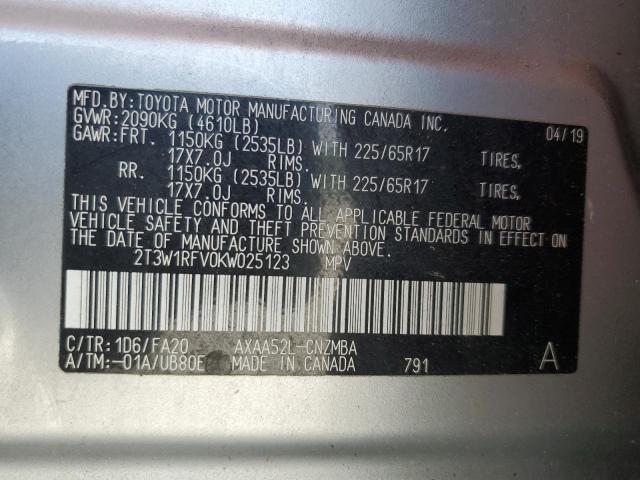 2T3W1RFV0KW025123 - 2019 TOYOTA RAV4 XLE SILVER photo 13