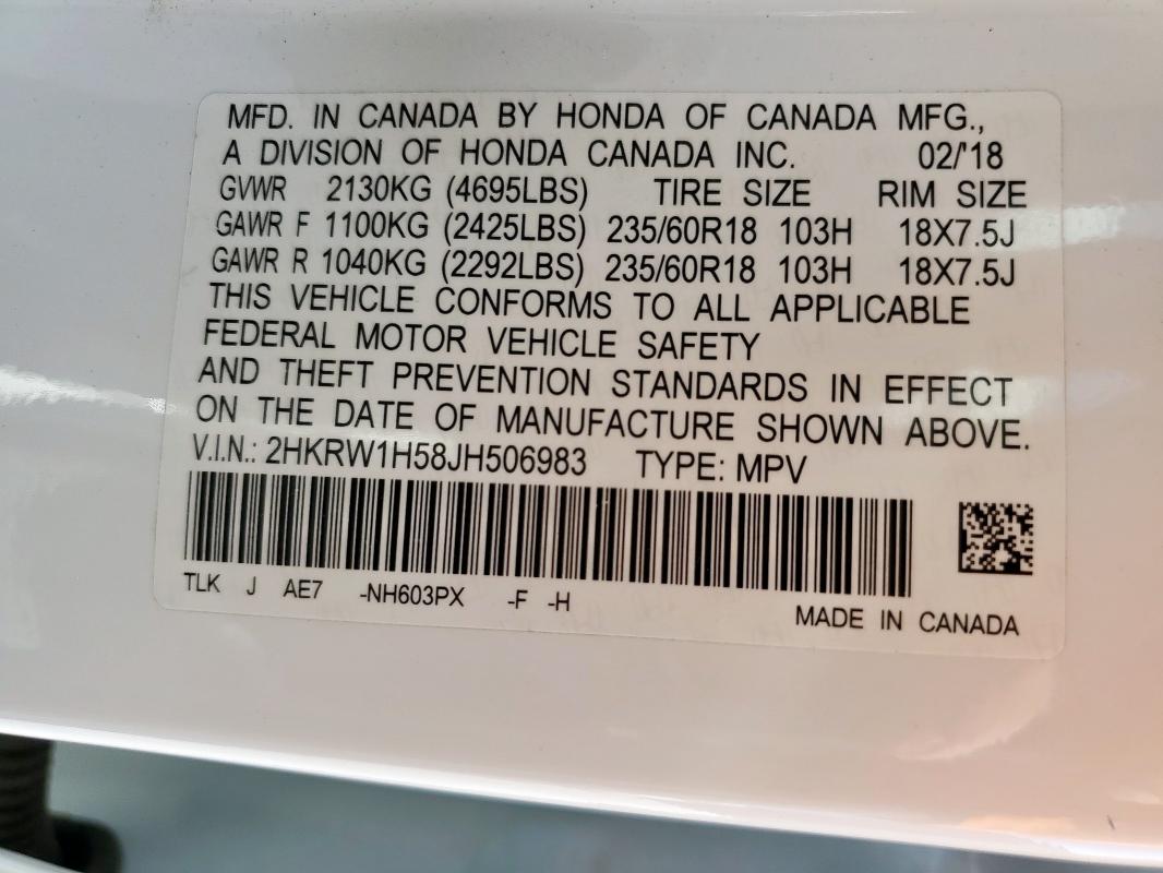 2HKRW1H58JH506983 - 2018 HONDA CR-V EX WHITE photo 13