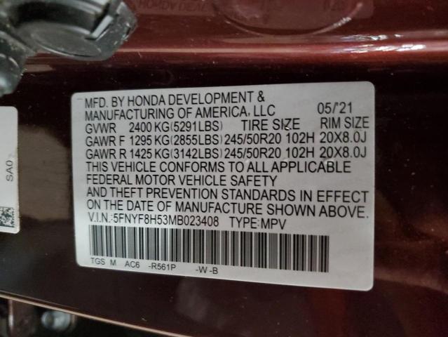 5FNYF8H53MB023408 - 2021 HONDA PASSPORT EXL მუქწითელი ფოტო 13
