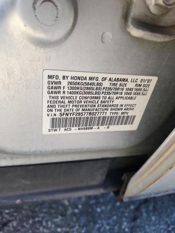 5FNYF28577B027771 - 2007 HONDA PILOT EXL 银色 照片 12