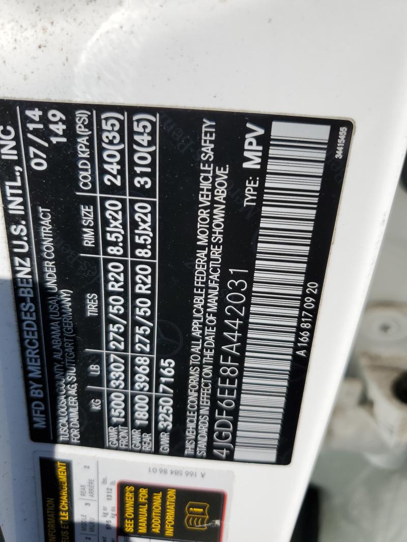 4JGDF6EE8FA442031 - 2015 MERCEDES-BENZ GL 450 4MATIC WHITE photo 13