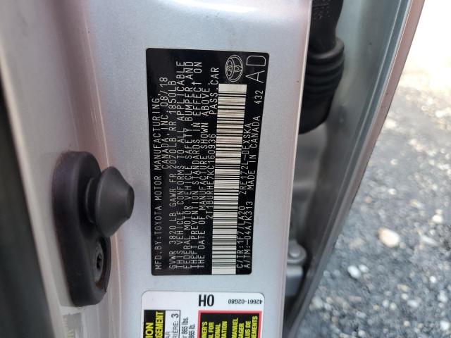 2T1BURHE7KC160936 - 2019 TOYOTA COROLLA L 银色 照片 12