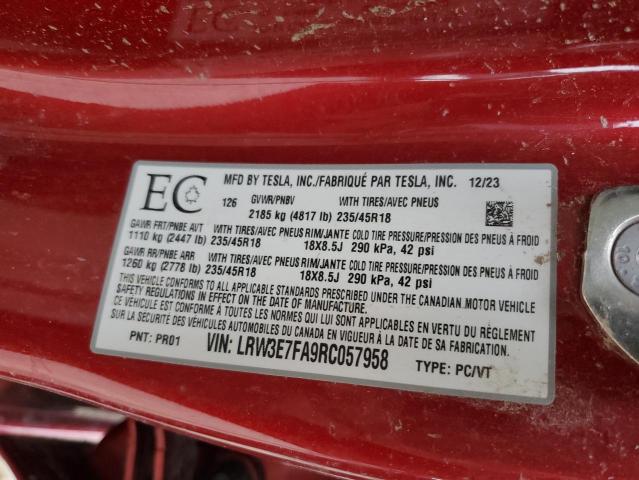 LRW3E7FA9RC057958 - 2024 TESLA MODEL 3 Կարմիր լուսանկար 12