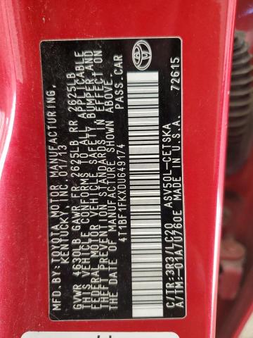 4T1BF1FKXDU649174 - 2013 TOYOTA CAMRY L RED photo 12