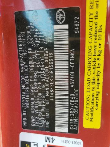 4T4BF3EK5BR156616 - 2011 TOYOTA CAMRY BASE RED photo 12
