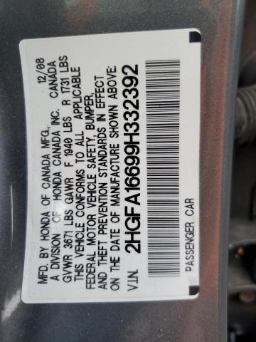 2HGFA16699H332392 - 2009 HONDA CIVIC LX-S GRAY photo 12