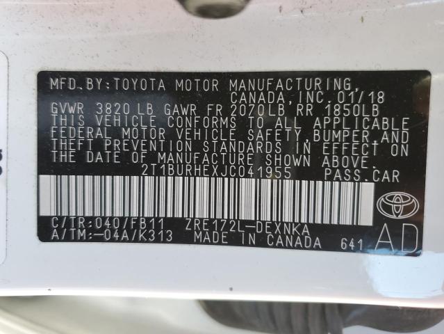 2T1BURHEXJC041955 - 2018 TOYOTA COROLLA L WHITE photo 12