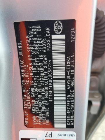 4T1BF1FK0CU058754 - 2012 TOYOTA CAMRY BASE ვერცხლისფერი ფოტო 12