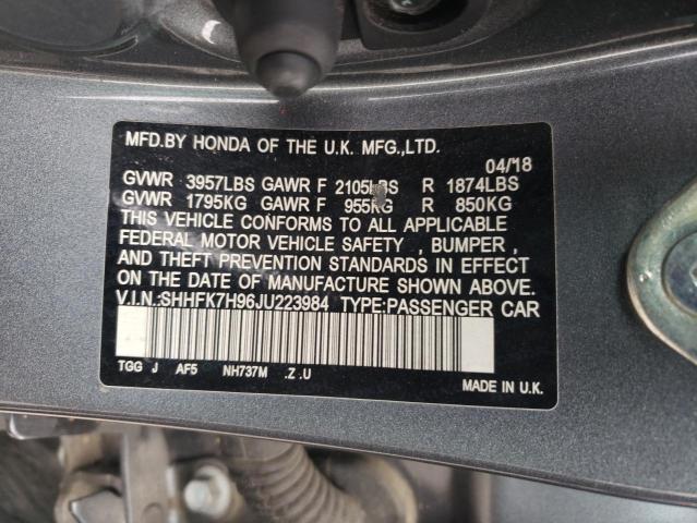 SHHFK7H96JU223984 - 2018 HONDA CIVIC SPORT TOURING 灰色 照片 12