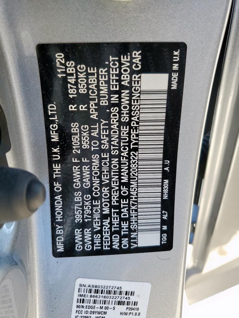 SHHFK7H45MU208322 - 2021 HONDA CIVIC SPORT 灰色 照片 12