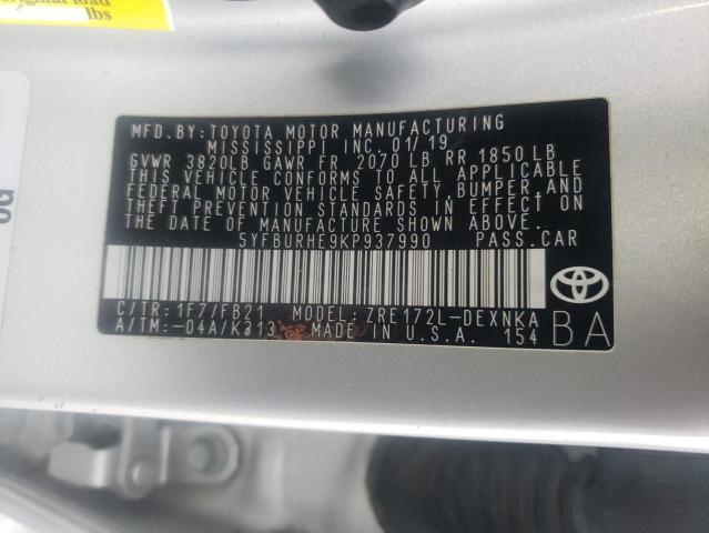 5YFBURHE9KP937990 - 2019 TOYOTA COROLLA L 银色 照片 20