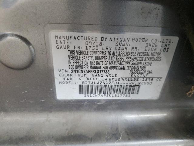 3N1CN7AP5KL817783 - 2019 NISSAN VERSA S Boz foto 12