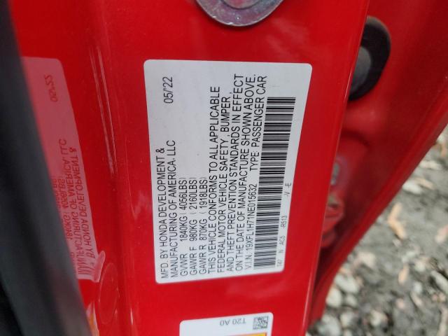 19XFL1H71NE015632 - 2022 HONDA CIVIC EXL RED photo 12