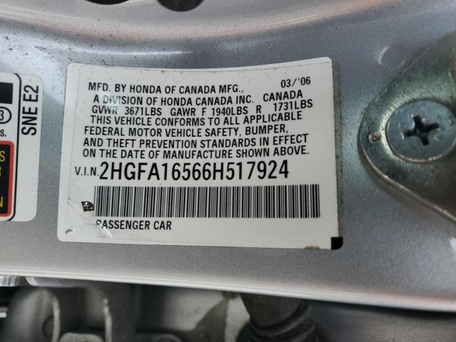 2HGFA16566H517924 - 2006 HONDA CIVIC LX 蓝色 照片 12