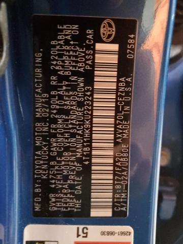 4T1B11HK9KU223243 - 2019 TOYOTA CAMRY L BLUE photo 12