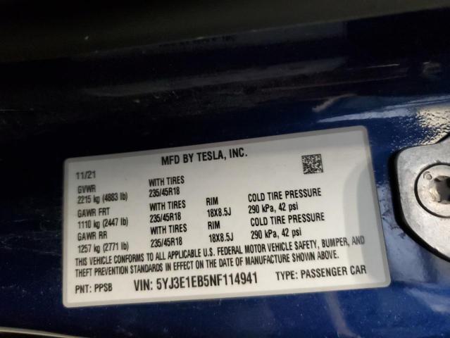 5YJ3E1EB5NF114941 - 2022 TESLA MODEL 3 Կապույտ լուսանկար 12