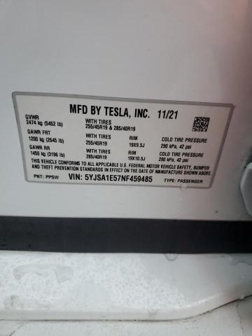 5YJSA1E57NF459485 - 2022 TESLA MODEL S WHITE photo 12