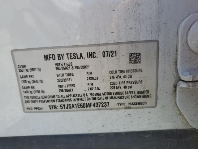 5YJSA1E60MF437237 - 2021 TESLA MODEL S Beyaz fotoğraf 12