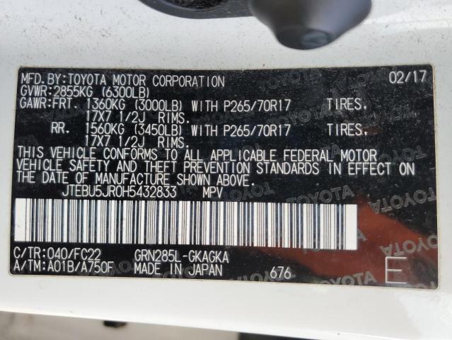 JTEBU5JR0H5432833 - 2017 TOYOTA 4RUNNER SR5/SR5 PREMIUM أبيض صورة 14