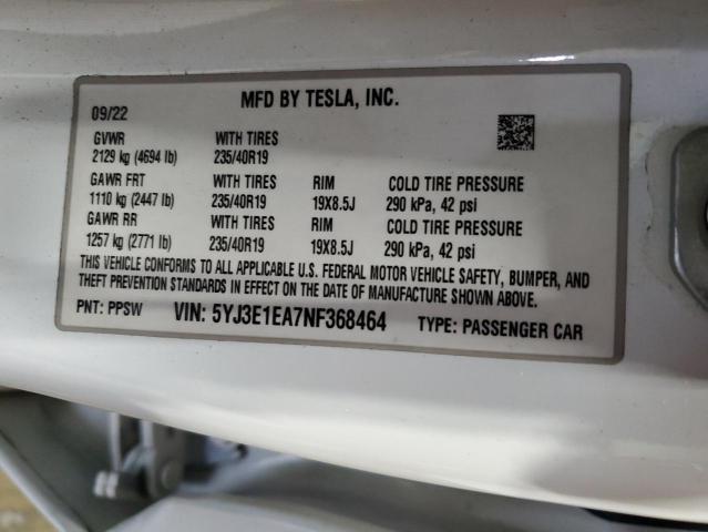 5YJ3E1EA7NF368464 - 2022 TESLA MODEL 3 Ağ foto 12