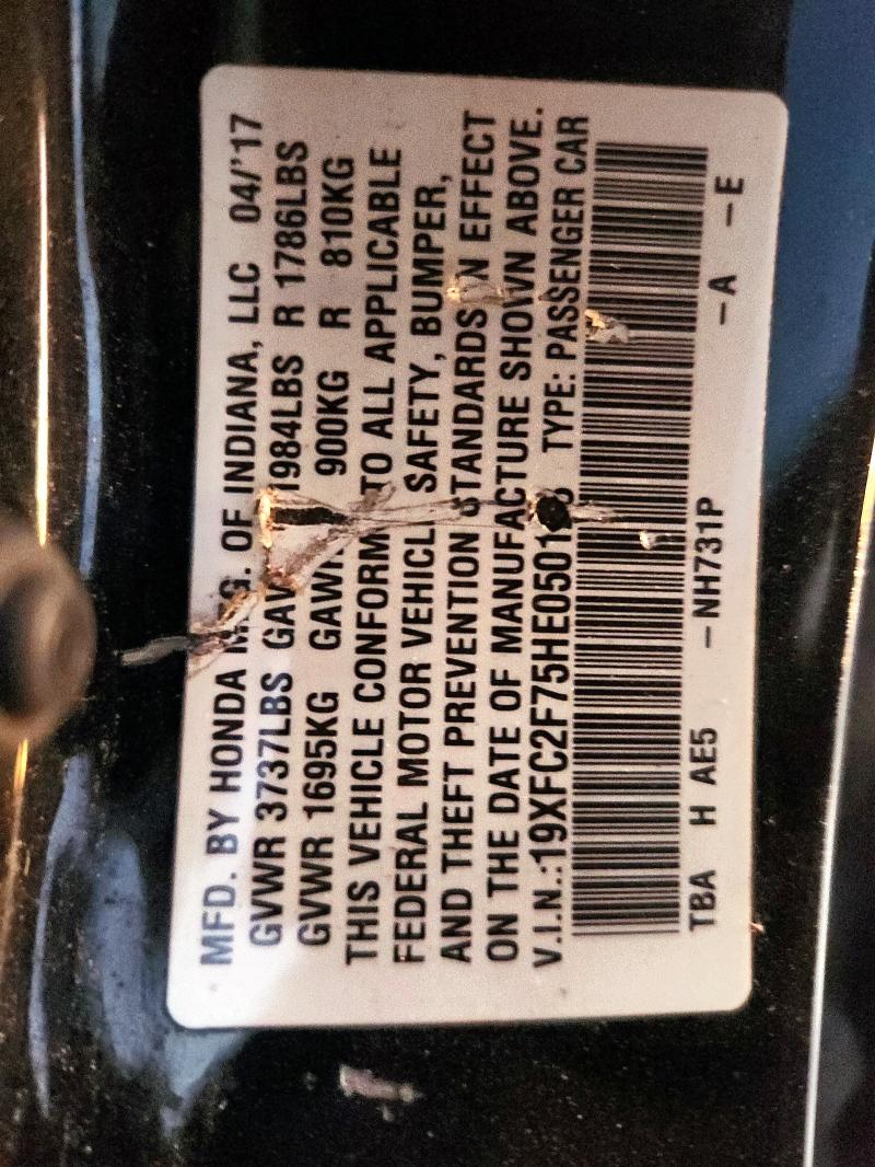 19XFC2F75HE050123 - 2017 HONDA CIVIC EX BLACK photo 12