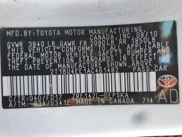 2T1BU4EE1AC461482 - 2010 TOYOTA COROLLA BASE WHITE photo 12