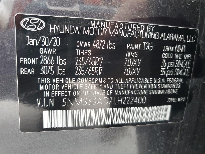 5NMS33AD7LH222400 - 2020 HYUNDAI SANTA FE SEL CHARCOAL photo 13