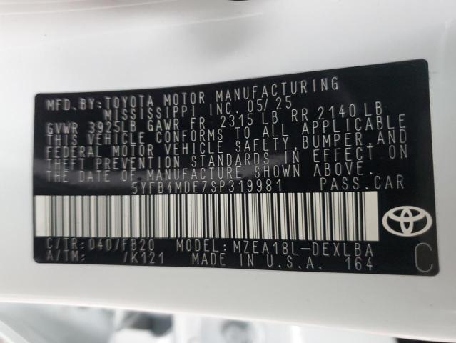 5YFB4MDE7SP319981 - 2025 TOYOTA COROLLA LE 白色 照片 12