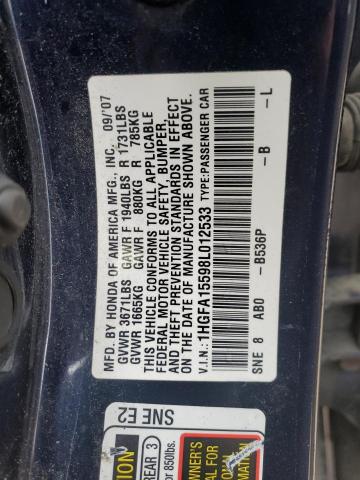 1HGFA15598L012533 - 2008 HONDA CIVIC LX BLUE photo 12
