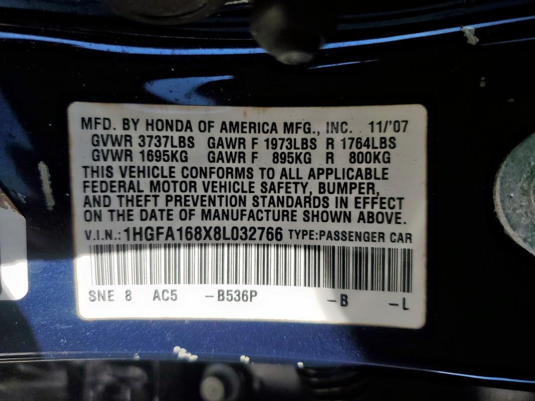 1HGFA168X8L032766 - 2008 HONDA CIVIC EX BLUE photo 12