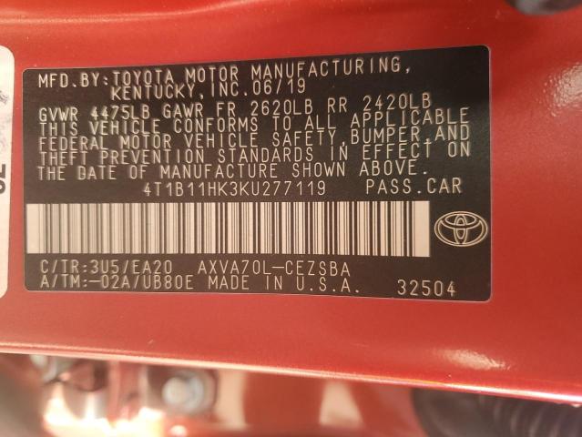4T1B11HK3KU277119 - 2019 TOYOTA CAMRY L 红色 照片 13