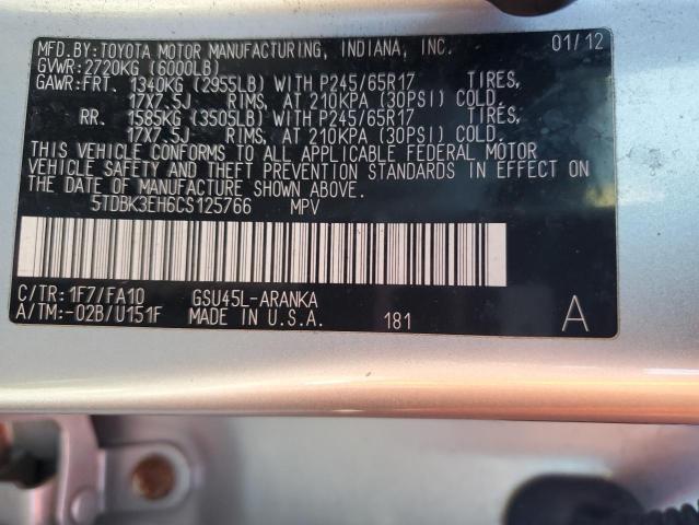 5TDBK3EH6CS125766 - 2012 TOYOTA HIGHLANDER BASE ვერცხლისფერი ფოტო 13