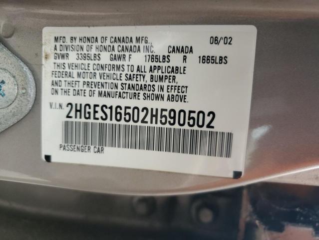 2HGES16502H590502 - 2002 HONDA CIVIC LX TAN photo 12