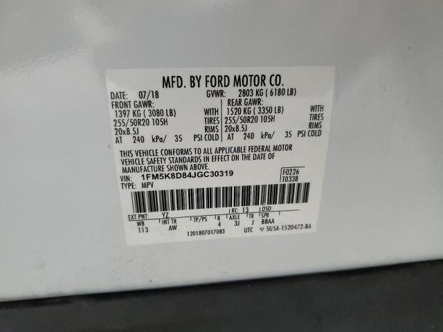 1FM5K8D84JGC30319 - 2018 FORD EXPLORER XLT 白色 照片 14