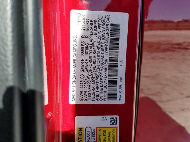 1HGCV1F3XKA011396 - 2019 HONDA ACCORD SPORT Қызыл фото 12