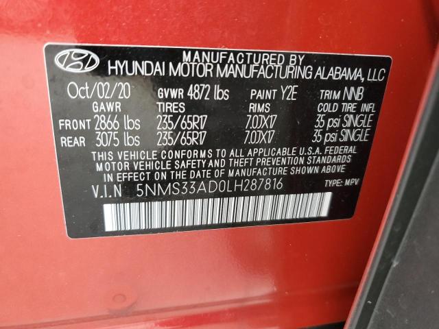 5NMS33AD0LH287816 - 2020 HYUNDAI SANTA FE SEL RED photo 13